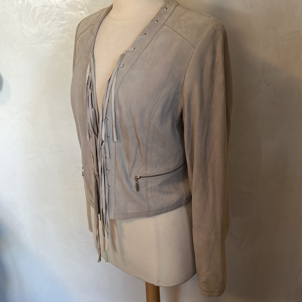 WhiteHouseaBlackMarket Light Gray Genuine Suede Jacket w/Fringe lace up Size L - Picture 6 of 17